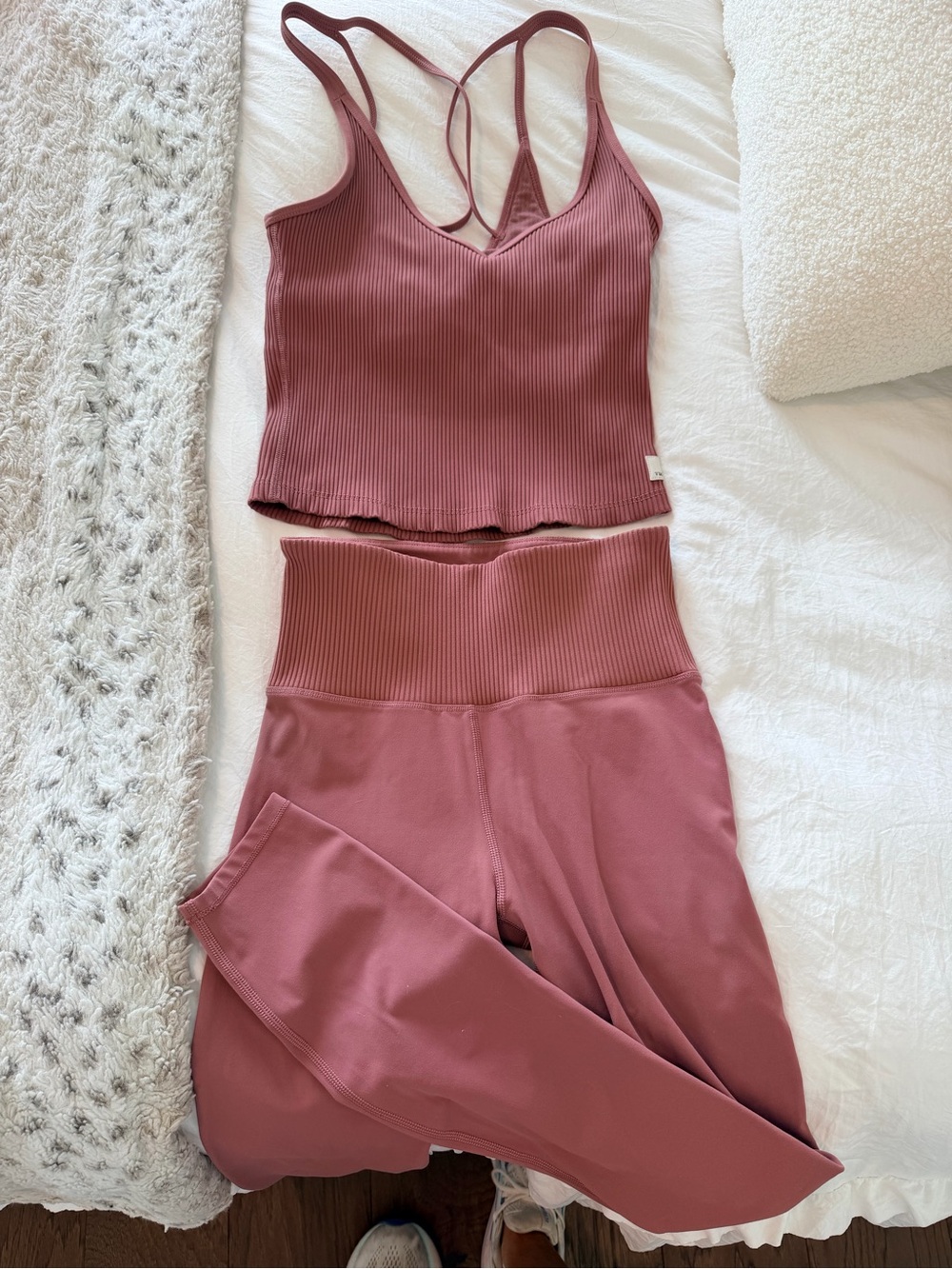 Vuori Ribbed Crop Tank and High-Waist Leggings Set in Dusty Rose